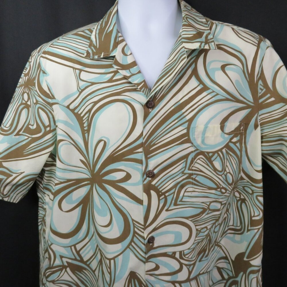 Y Not Hawaii Hawaiian Shirt Mens L  Aloha Cotton Mod  Floral Aqua Brown Vintage